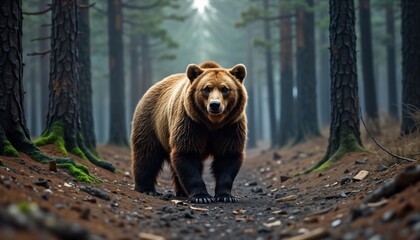 Obraz premium Brown bear walks forest path. Grizzly animal in woods. Mammal in nature. Wildlife scene. Large predator. Ursus arctos. Endangered species. Environmental problem. Deforestation impact. Conservation