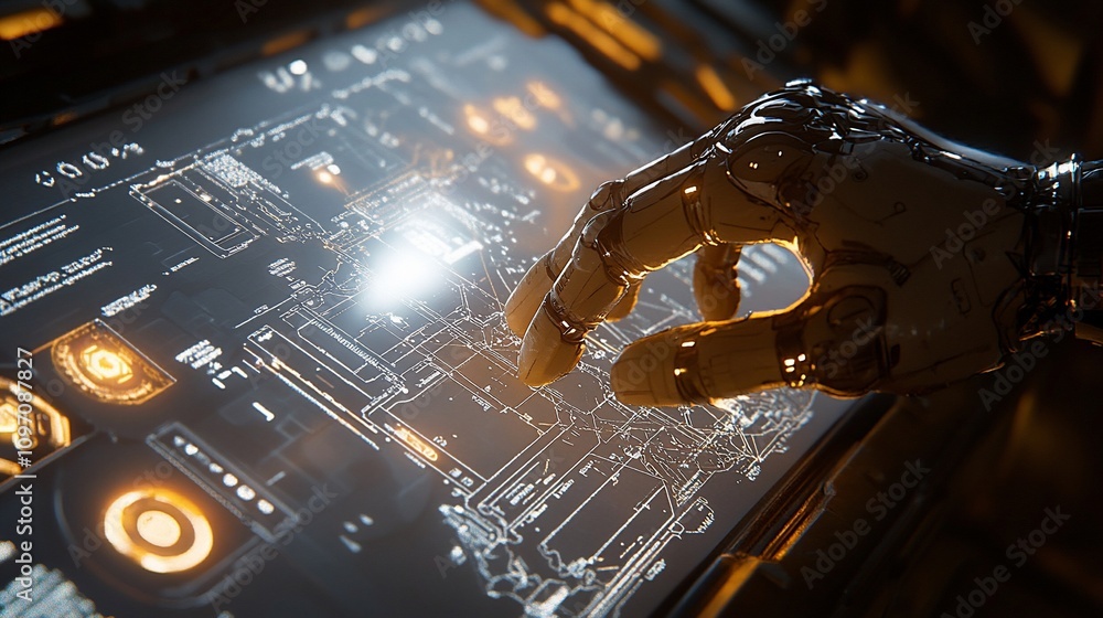 Poster robotic hand interacts with futuristic holographic interface.