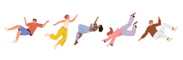 Flying people. Movement in air, falling young characters in different poses, hovering and soaring, happy guys and girls, vector cartoon flat set
