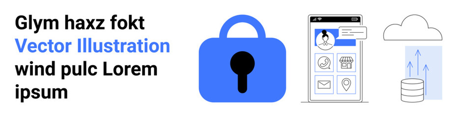 Central blue lock icon, smartphone with profile and app icons, and cloud storage illustration. Ideal for cybersecurity, data protection, mobile security, tech presentations, cloud computing