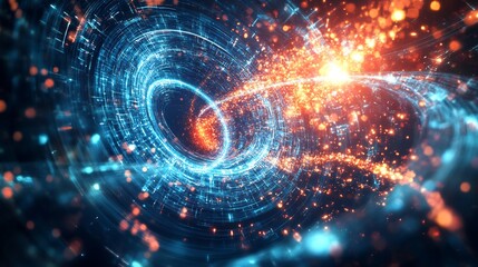 Obraz premium Hyperrealistic visualization of AIoperated quantum computers predicting the formation of wormholes in a Type II civilization's transportation network with detailed cosmic engineering