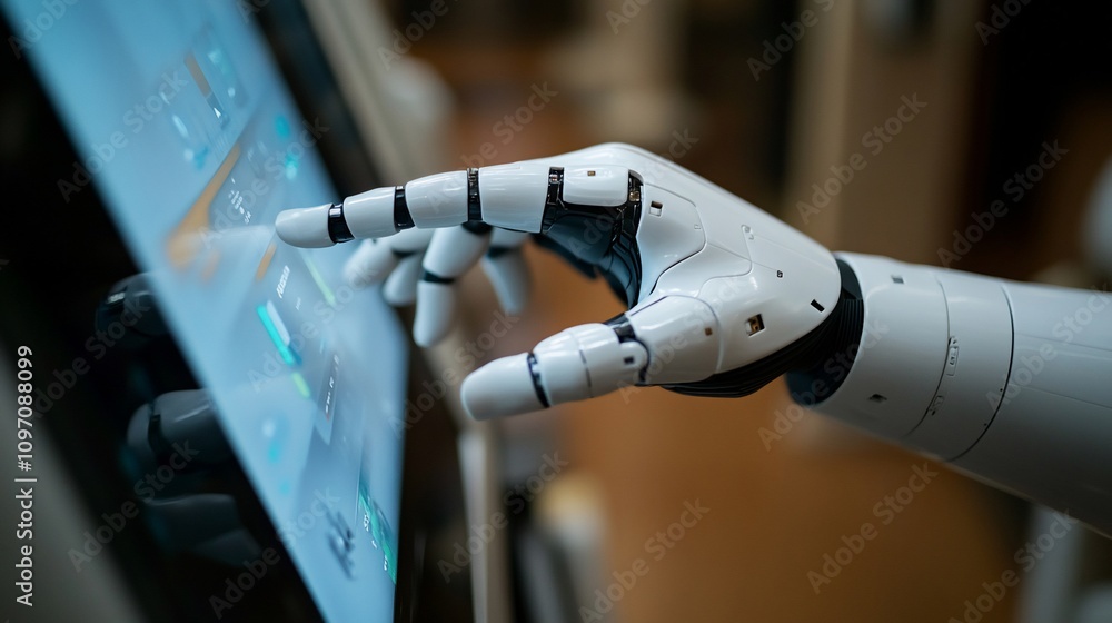 Poster Robotic hand interacting with a touchscreen interface.