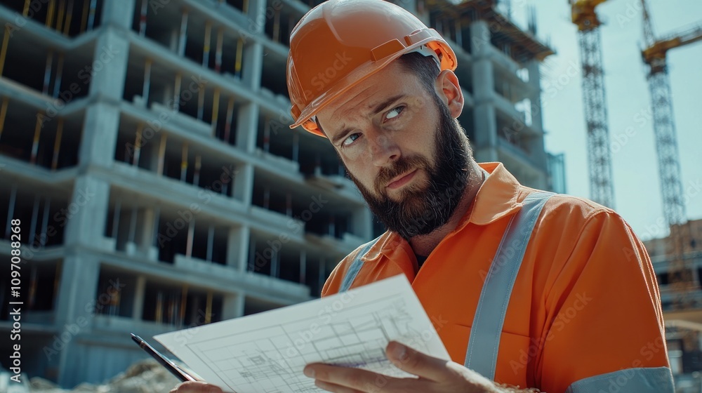 Poster A construction worker reviewing blueprints at a building site.