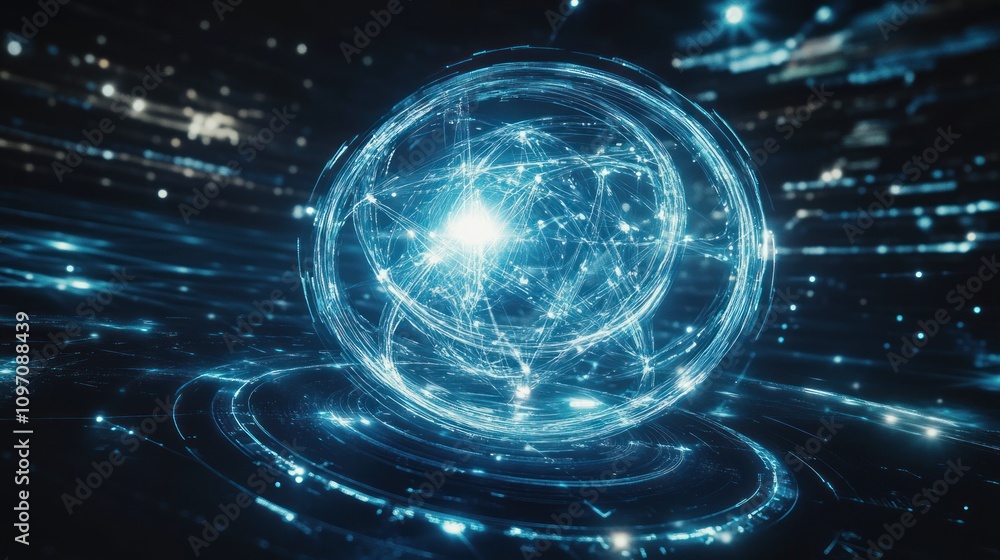 Poster a futuristic representation of an atom with glowing connections in a digital space.
