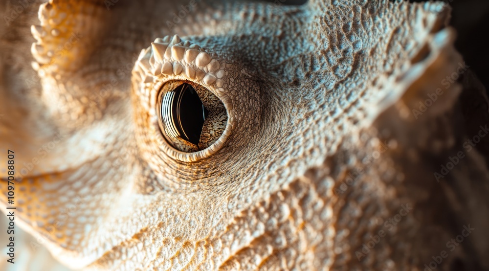 Poster close-up of a reptile's eye showcasing intricate textures and details.