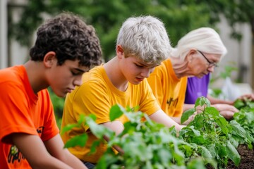 A group of diverse teenagers and seniors planting trees together in a community garden, sharing stories and bonding over shared environmental goals.