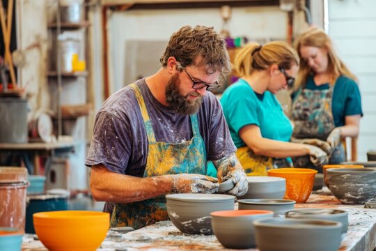 A group of friends collaborating on a DIY pottery project, with clay, pottery wheels, and colorful glazes spread across a table in a well-lit studio. 
