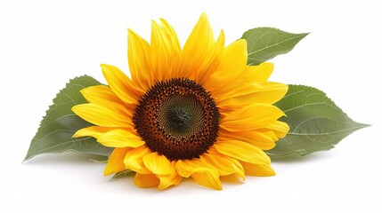 Fototapeta premium Bright Yellow Sunflower Isolated on White Background with Leaves