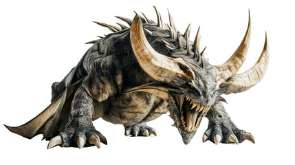 Fototapeta premium A roaring dragon beast with intricate horns and sharp claws, on a transparent background cutout, PNG file. 
