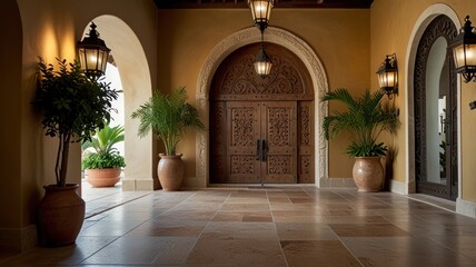 Fototapeta premium Elegant entryway with ornate wooden doors, arched doorways, potted plants, and terracotta floor.