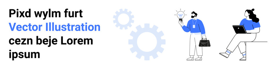 Business woman with laptop, man holding lightbulb and briefcase, two gears. Ideal for teamwork, collaboration, innovation, technology, business planning, creative ideas, project management. Landing