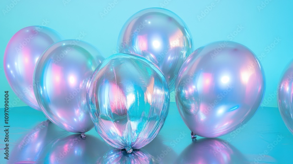 Poster A collection of iridescent balloons on a reflective surface, creating a festive atmosphere.