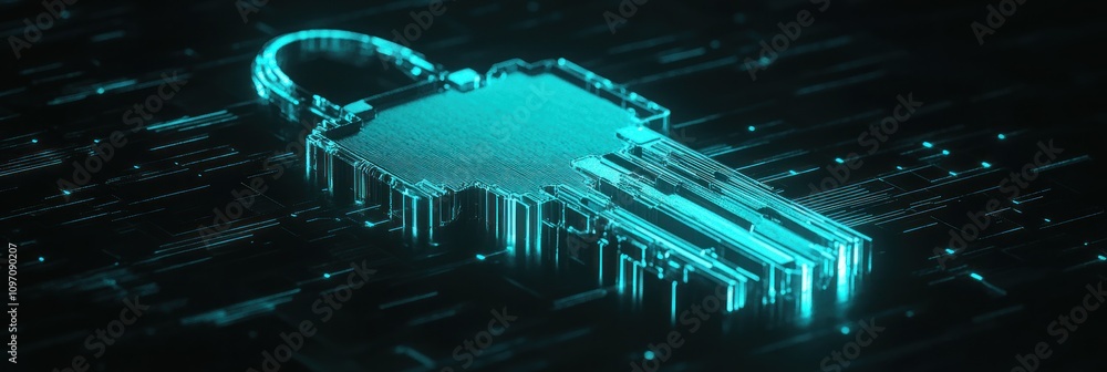 Aufkleber a digital key symbol representing cybersecurity and data protection in a futuristic design.