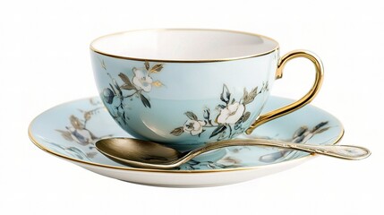 Fototapeta premium Elegant Teacup with Saucer and Spoon on White Background