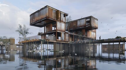 Industrial construction engineering disaster zones with sustainable materials showcasing rapid response and resilient rebuilding