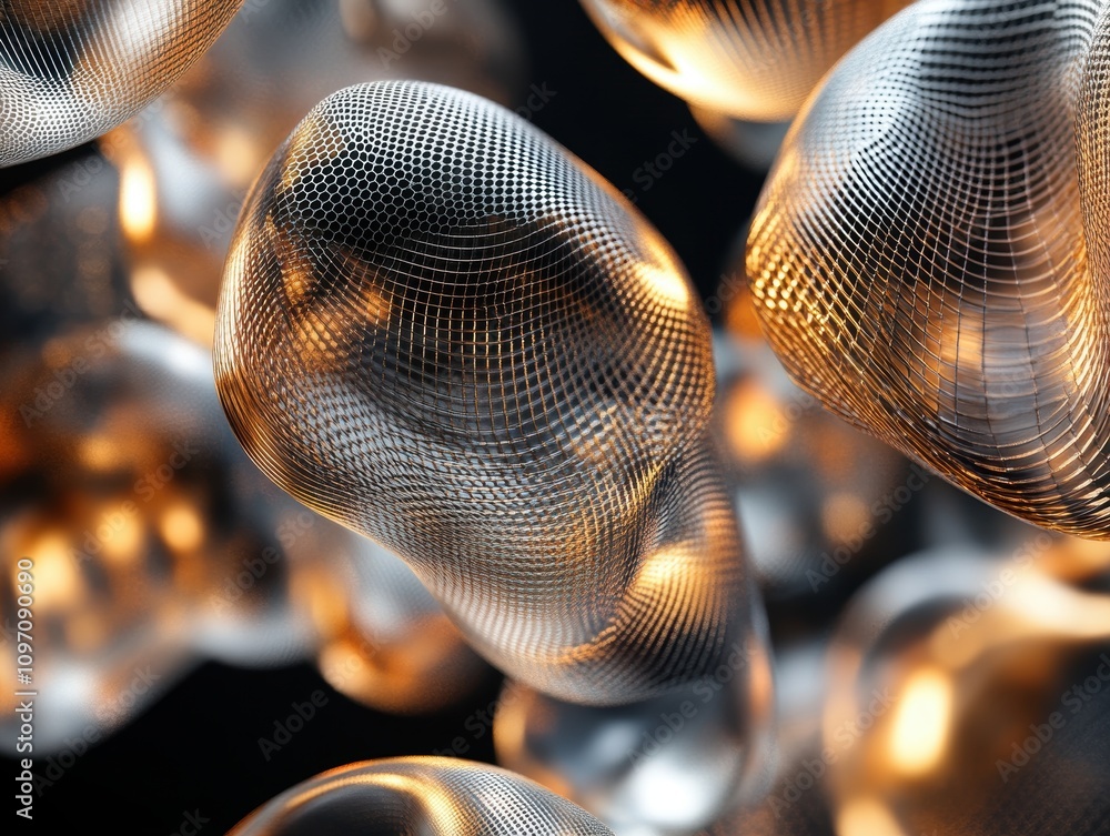 Poster abstract 3d rendering of organic shapes with metallic textures and lighting.