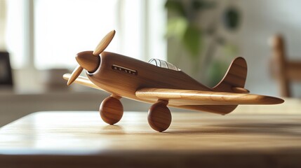 A handcrafted wooden toy airplane sits perched on the table, its sleek form capturing the essence of flight. Its polished surface gleams under the light, showcasing the intricate details