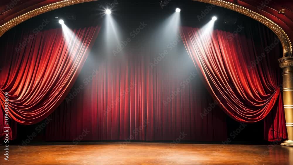 Poster a theater stage with red curtains drawn back, illuminated by spotlights, creating an inviting atmosp