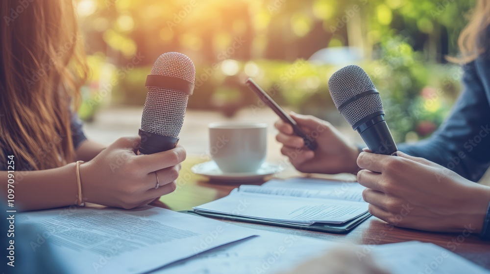 Poster discussion with microphones and coffee at a table, suggesting an interview or meeting.