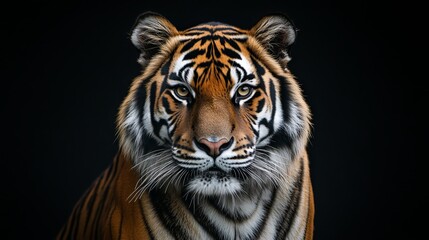 A majestic tiger stands out against a somber black backdrop, its piercing gaze capturing the viewer's attention. The tiger's vibrant coat, striped with bold black and orange