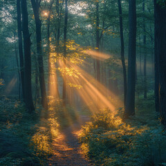 Obraz premium Sunbeams in a Misty Forest
