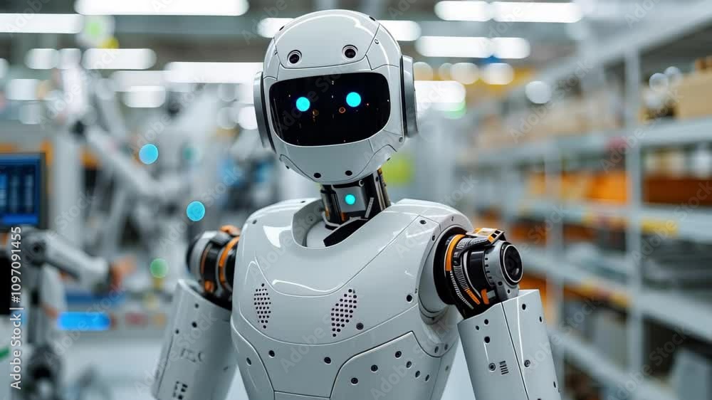 Poster a humanoid robot in a factory setting, surrounded by machinery and other robotic devices in a modern