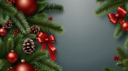 Festive Christmas border with ornaments, pine, and bows on gray background.