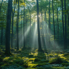 Fototapeta premium Sunbeams in the Mystical Forest
