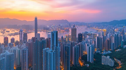 Fototapeta premium Panoramic sunrise view of a vibrant city skyline with skyscrapers and harbor.