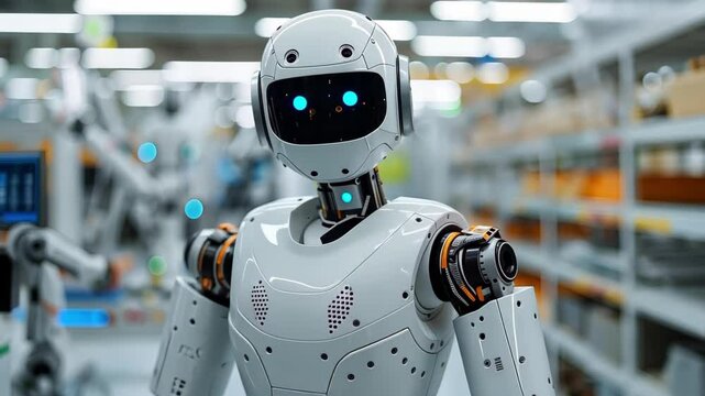 A humanoid robot in a factory setting, surrounded by machinery and other robotic devices in a modern industrial environment.