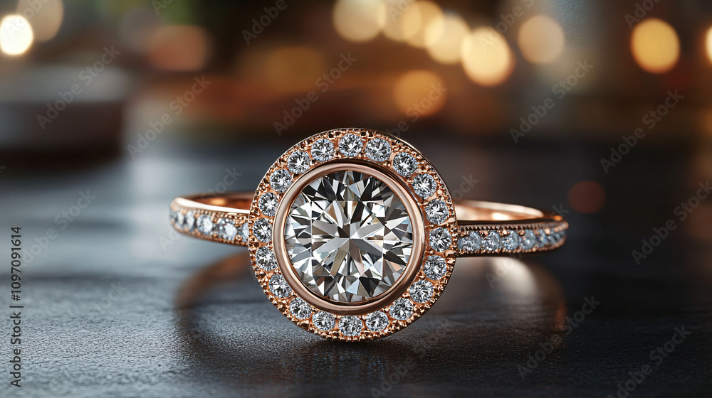 Aufkleber rose gold engagement ring with large central diamond and smaller diamonds surrounding it, sparkling 