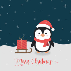 Merry Christmas postcard vector Christmas cute penguin in red hat in the snow scene. Flat style design template for Merry Christmas and Happy New Year . Vector cartoon kids character. 