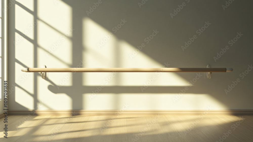 Poster empty ballet studio with wooden barre casts shadows on wall as sunlight streams through window