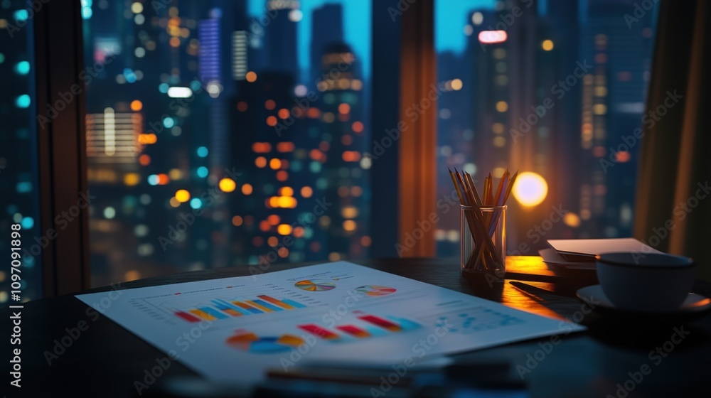 Poster a workspace with charts and graphs overlooking a city skyline at dusk.