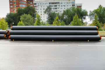 pipes at the construction site, prepared for repair and replacement of the pipeline