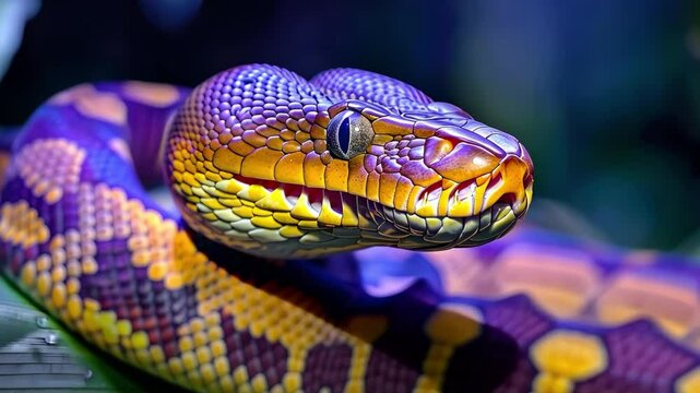 A close-up of a brightly colored snake, showcasing its vibrant scales and intricate patterns.