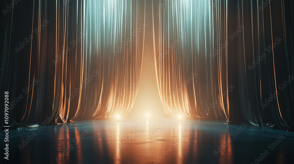 Poster The opulent stage curtains dramatically part, unveiling a radiant glow and setting the stage for a glamorous scene with a shiny floor