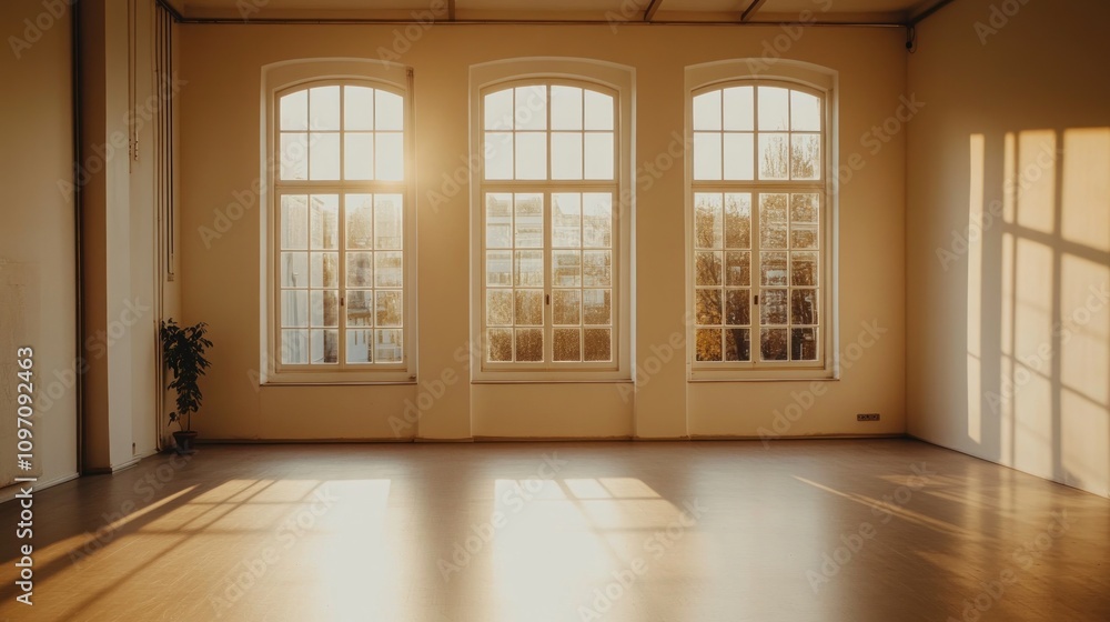 Poster a sunlit room with large windows casting shadows on the floor.