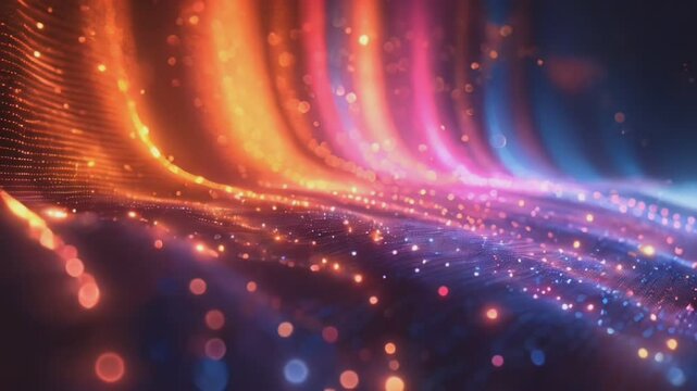 Dynamic Abstract Light Waves in Vibrant Orange, Pink, and Blue Hues with Glittering Particles, Perfect for Futuristic or Artistic Designs