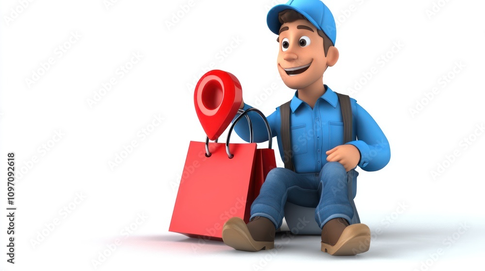 Poster a cheerful delivery worker sitting with a shopping bag and a location pin.