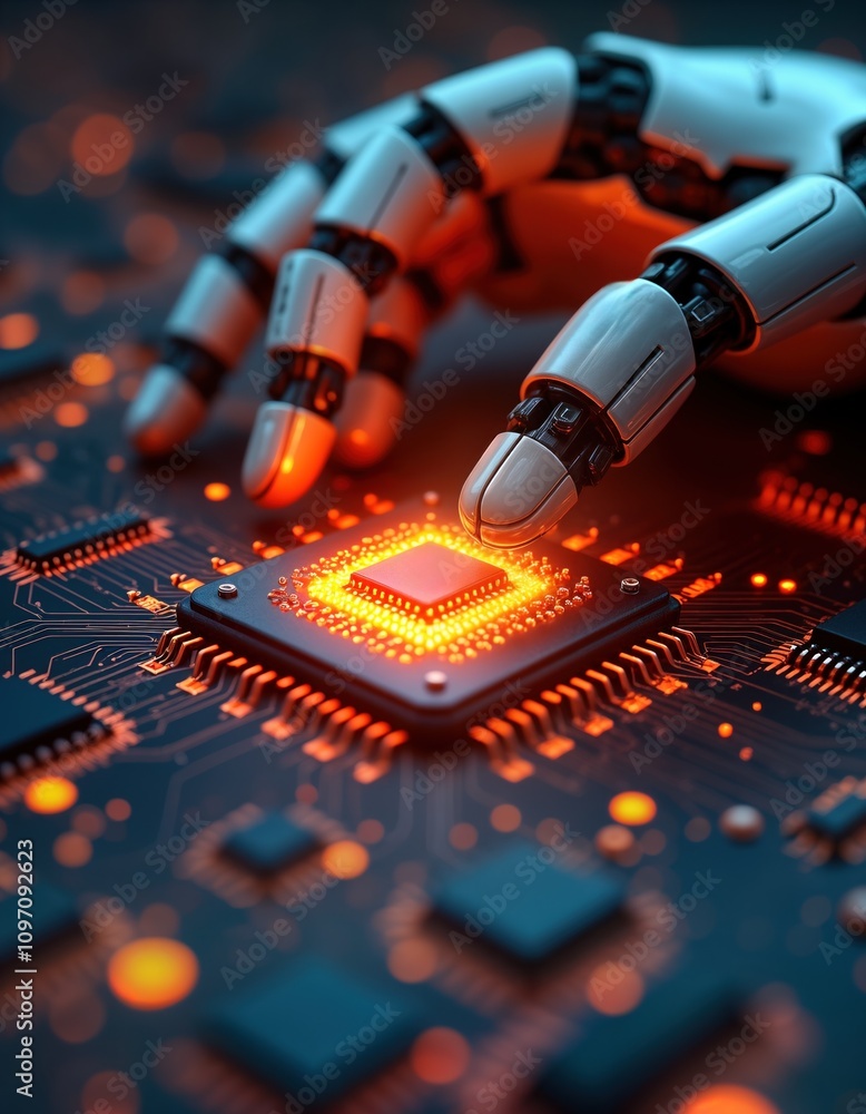 Poster Robotic hand interacts with computer processor. AI technology. Cybernetic arm activates CPU. Digital future. Close up view of circuit board. High tech innovation. Smart machine. Artificial