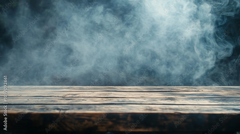 Poster mysterious and moody atmosphere created by swirling smoke on wooden table top - perfect for product 