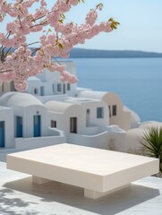 Stunning outdoor coffee table with cherry blossoms santorini greece serenity