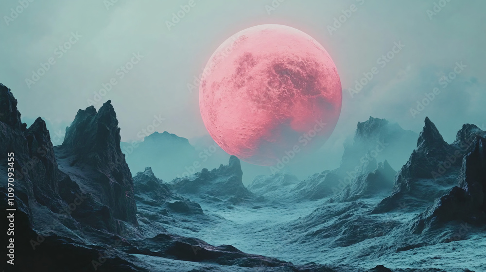 Poster embark on a surreal exploration of an otherworldly landscape with a massive pink planet above rugged