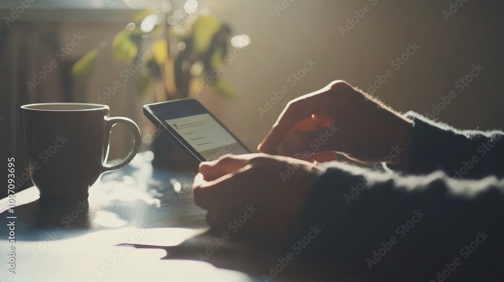 Poster a person using a tablet while enjoying a cup of coffee in a cozy setting.