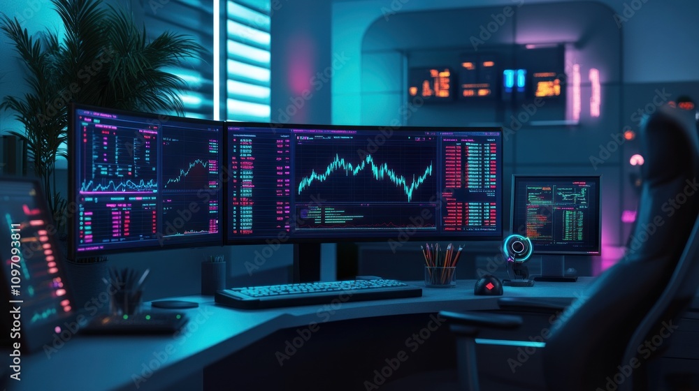 Poster a modern trading desk with multiple screens displaying stock market data and analytics.