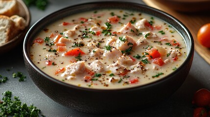 Creamy chicken and tomato soup garnished with fresh herbs in a rustic bowl