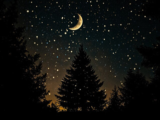 Naklejka premium Natural nighttime landscape featuring a crescent moon and starry sky above silhouetted trees