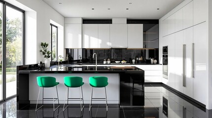 Modern kitchen design with sleek black and white contrast, featuring emerald green barstools and ample natural light.