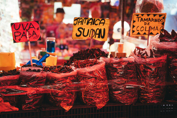 Dried fruits and chilis for save at a farmers market